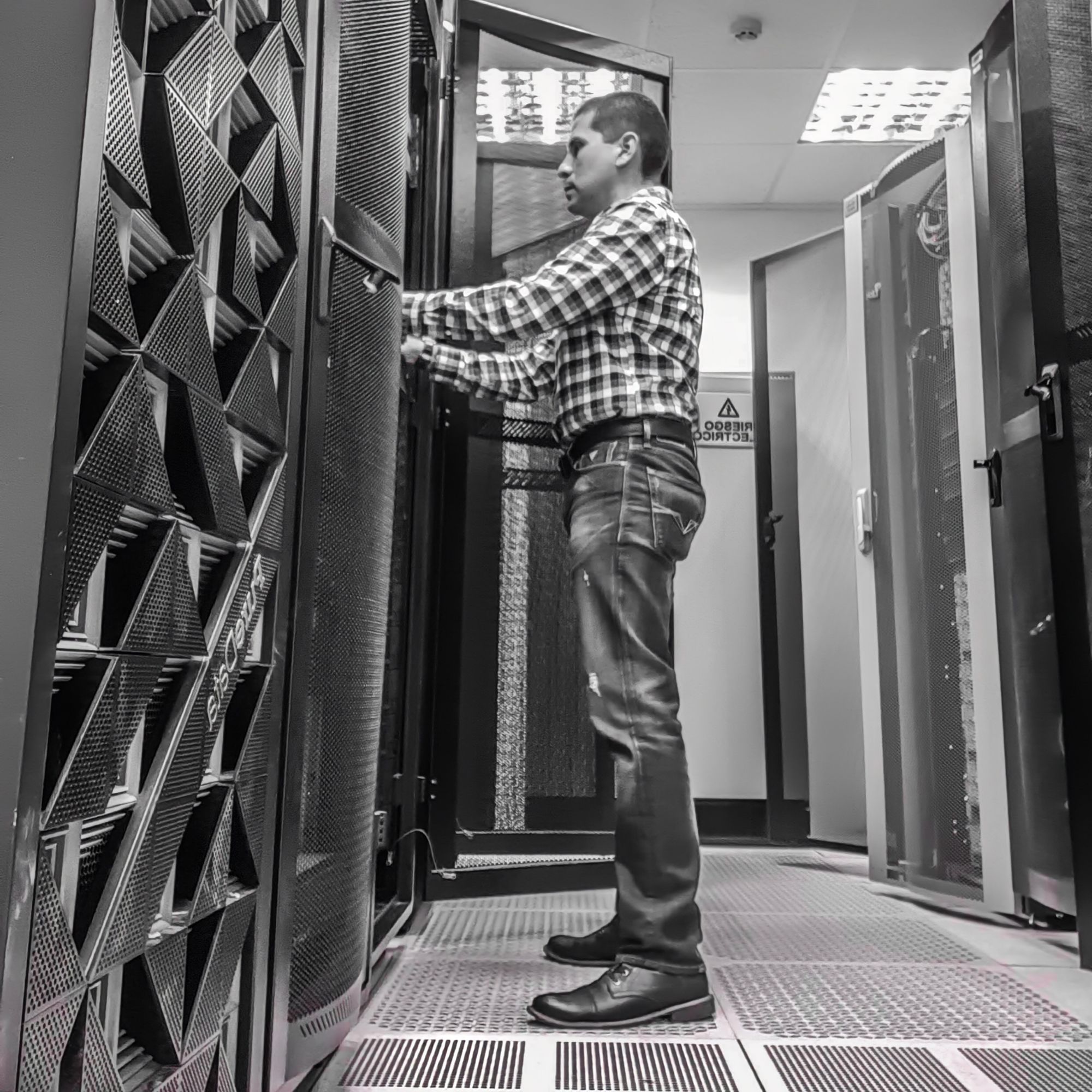 Working in a Datacenter in nostalgic black and white