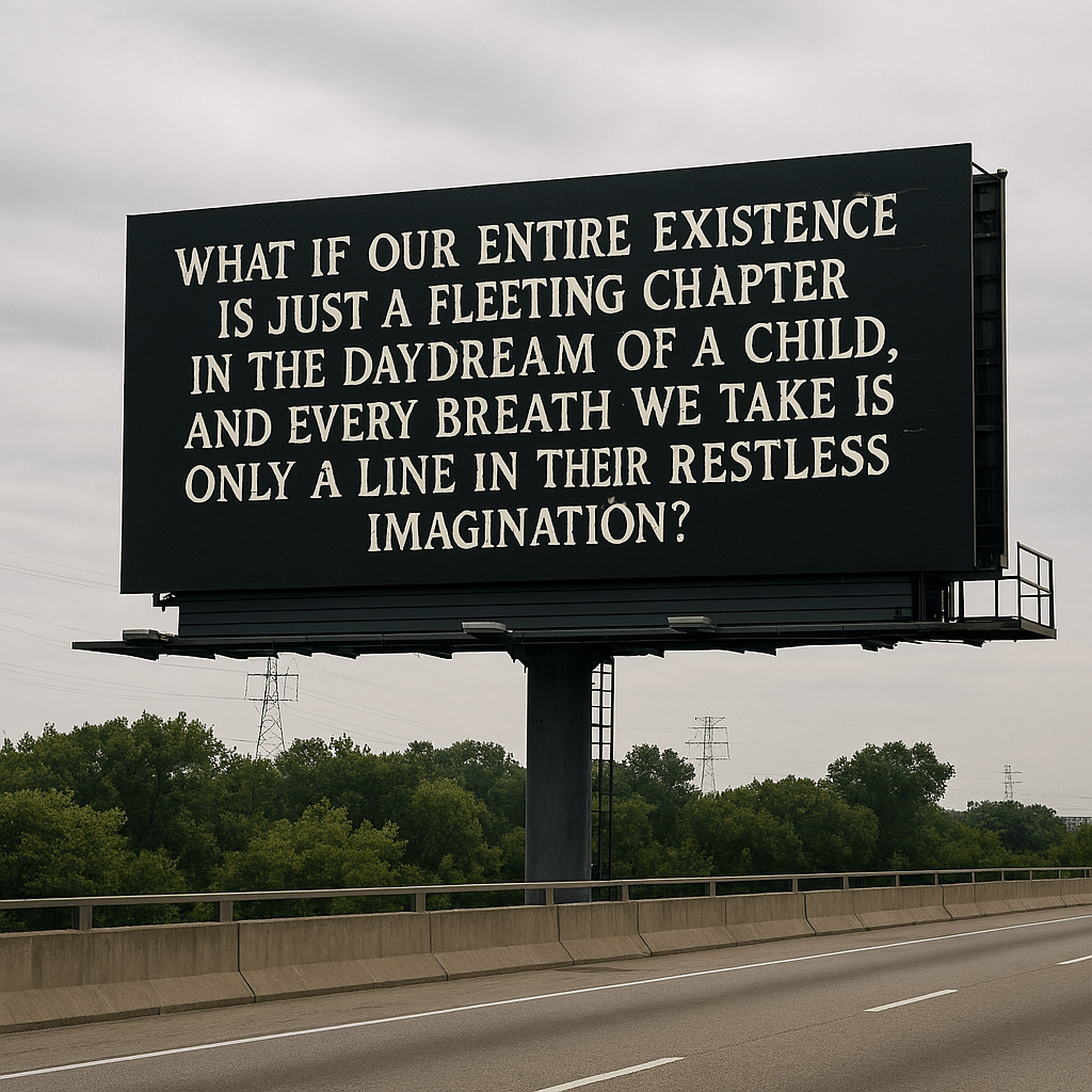 What if our entire existence is just a fleeting chapter in the daydream of a child, and every breath we take is only a line in their restless imagination?